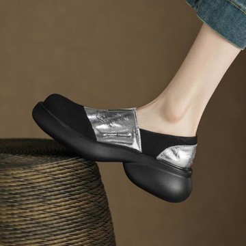 Tisdaini 真皮厚底銀色樂福鞋女春秋黑色松糕底拼色懶人單鞋5.5cm