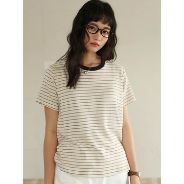 KPUWARM - 天絲亞麻撞色針織短袖上衣-條紋