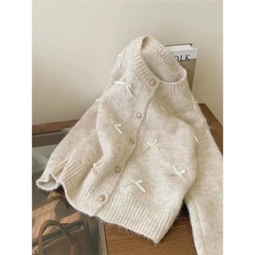 日系蝴蝶結毛衣女秋冬氣質高級感軟糯馬海毛針織開衫小香風外套潮