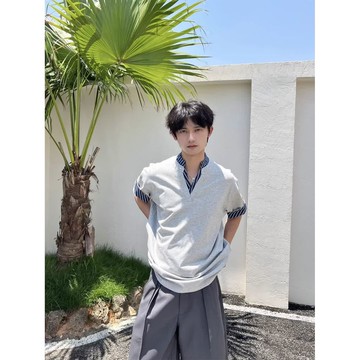 【臺灣出貨】老錢風撞色條紋拼接假兩件V領短袖T恤男 夏季cleanfit寬鬆半袖上衣
