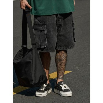 Broshood 26SS 日系工裝風寬松水洗復古灰色大口袋休閑牛仔短褲男
