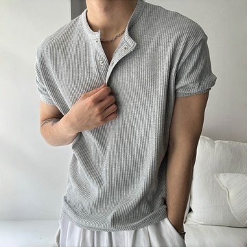 正韓合身華夫格亨利領三粒扣短袖上衣 4色 YUPPIE 預購商品 0706