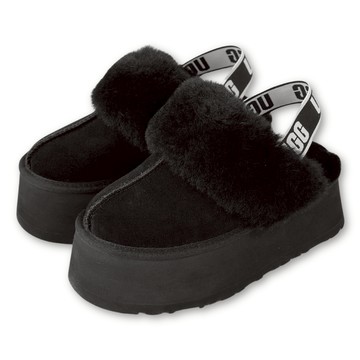 現貨 UGG Funkette 半包式毛毛雪靴厚底涼鞋 黑 女 真皮羊毛一體綁帶拖鞋 保暖毛絨絨一腳蹬鞋子1113474