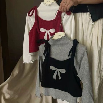 【台灣出貨】女童兩件套背心打底衫上衣秋季新款韓版洋氣時尚ins潮款爆款袖子洋氣百搭袖子上衣T恤假兩件兒童打底衫