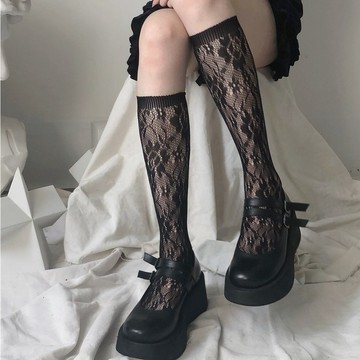 現貨/蕾絲雕花半筒絲襪/黑色小皮鞋/黑色襪/小腿網襪/歐美街拍/性感/跳舞搭配/造型網襪/黑絲造型/辣妹黑絲襪/黑色襪子