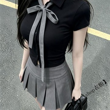 韓系辣妹學院時尚設計蝴蝶結撞色甜美短袖上衣高腰百褶短裙兩件套 韓系套裝 女生套裝 夏季套裝 ootd