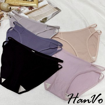 【HanVo】天天出貨 雙細帶直紋棉質內褲 透氣吸濕排汗中低腰 舒適親膚柔軟 女生內褲 女內褲 內褲 A11-5871