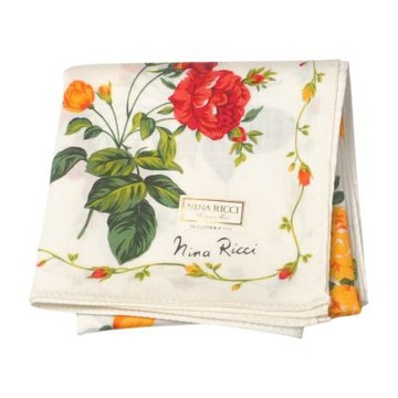 NINA RICCI 100%棉白底紅黃玫瑰圖騰品牌字母LOGO帕領巾(米白系/50CM)