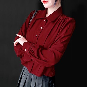 酒紅色雪紡襯衫女士2025春季新款打底衫抽褶設計感洋氣質長袖上衣