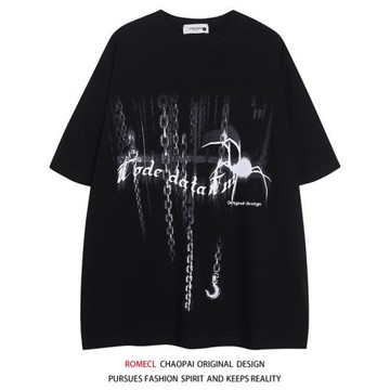 ROMECL夏季潮牌純棉歐美街頭嘻哈寬松蜘蛛印花短袖T恤情侶男女短t