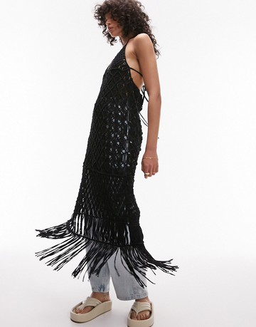 Topshop hand knit macrame dress in black