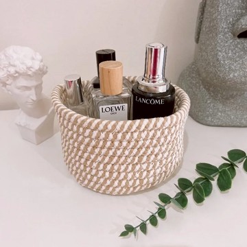 手工編織棉線置物收納籃  17~18 x 9~10cm  米咖  1個