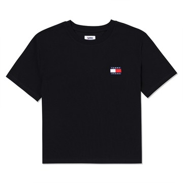 TOMMY 熱銷短版貼布文字Logo圖案短袖T恤(女)-黑色