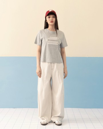 水洗配色壓線立體打褶直筒褲