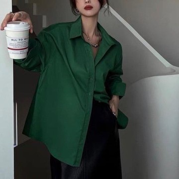 墨綠色襯衫外套新款女裝獨特漂亮小衫襯衣韓系別致絕美長袖上衣服
