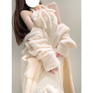 秋冬款奶黃色珊瑚絨睡衣女款純欲風吊帶連帽外套睡裙家居服兩件套
