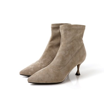 viina 百變心機‧彈力絨布尖頭細跟靴-杏