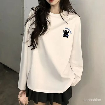 ✨100%純棉 韓國女裝 大尺碼女裝 長袖上衣女 寬鬆上衣 純棉長袖 印花t桖 顯瘦遮肚 內搭打底衫 休閒上衣