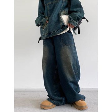 日系復古工裝牛仔褲男大碼特大特寬港風直筒寬松嘻哈闊腿長褲秋季