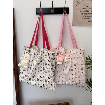 小白兔幾 可愛甜美印花小狗雙層帆布袋夏日大容量休閑手提單肩包