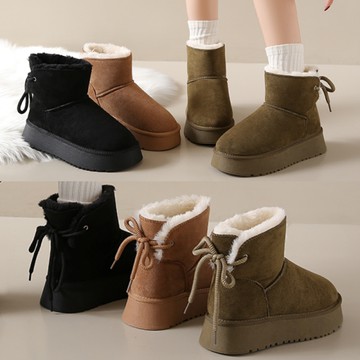 【現貨出清】【35-41全尺碼】雪靴．純色絨面毛毛後綁帶圓頭厚底短靴．白鳥麗子
