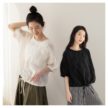 iNio 女上衣 棉質 大圓緹紋 抽繩 短袖上衣 CCW1094