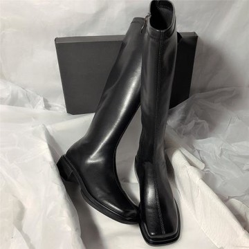 森嶼海巷 2025新款真皮平底韓版簡約彈力方頭瘦瘦高筒不過膝長靴