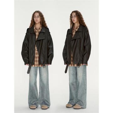 FIRSTFLOOR棕色廓形翻領寬松復古皮衣  美拉德擦色水洗夾克外套