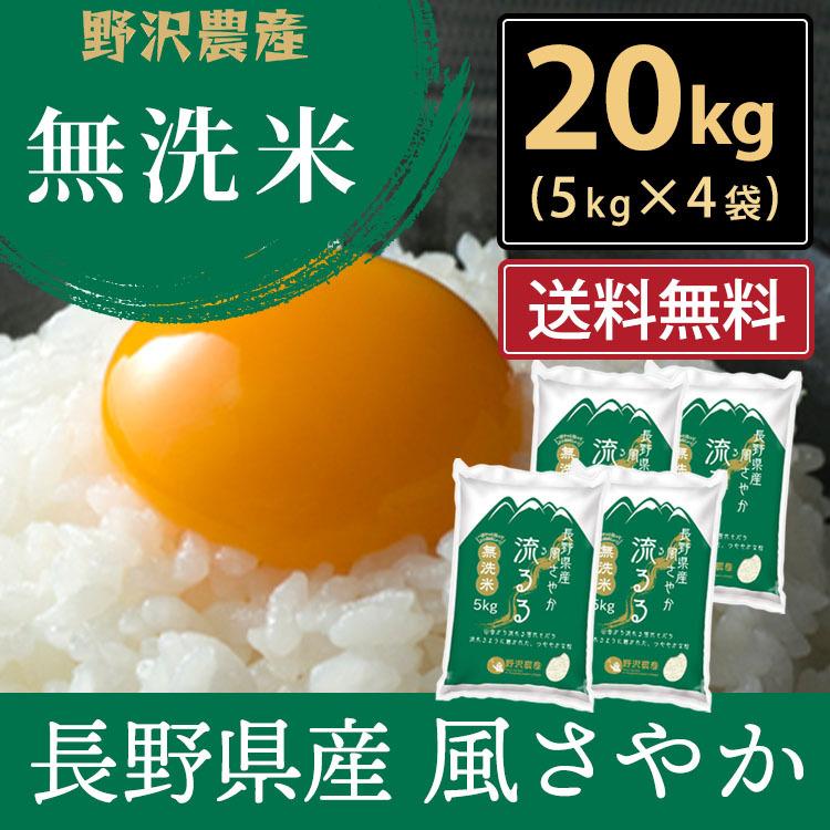 新米 令和5年産 無洗米 20kg 送料無料 米 お米 風さやか 流るる 野沢農産 長野県産 精米 5kg ×4袋 無洗米20kg