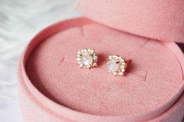 方形切割彩虹月光石 925 純銀鍍玫瑰金 耳環