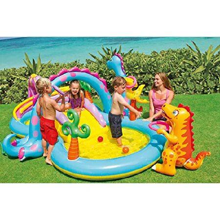 Intex Dinoland Play Center Kiddie Inflatable Pool and Dinosaur Water Splash Swimming Pool with Water Sprayers, Waterfalls, Slides, and Games