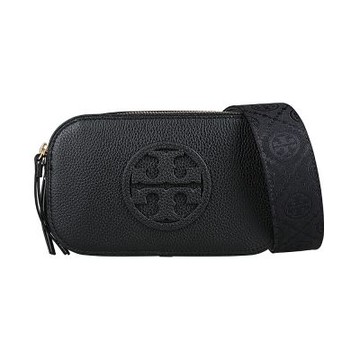 TORY BURCH 圓標T字LOGO粒面皮革搭麂皮內襯斜背雙拉鍊相機包(黑)