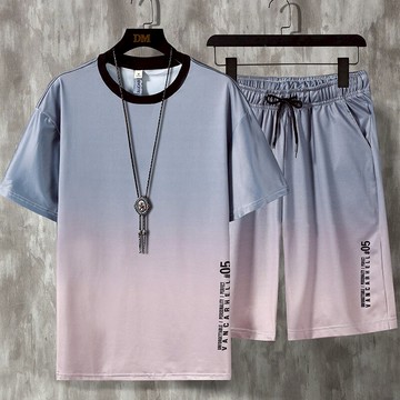 冰絲休閑運動速干套裝男夏季短袖短褲兩件套薄款潮流一套搭配衣服