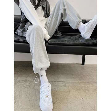 灰色運動褲女秋冬季加絨2025新款寬松顯瘦小個子直筒闊腿休閑衛褲