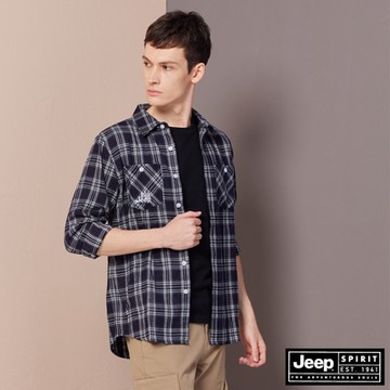 JEEP 男裝 經典格紋口袋長袖襯衫-藍色