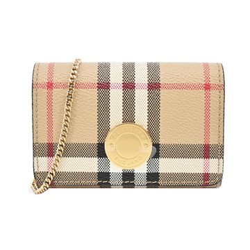 [平輸版]BURBERRY 經典格紋帆布可拆式鏈帶卡片斜背包(卡其)真品平輸