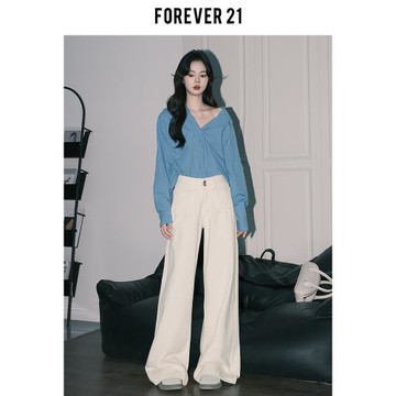 Forever 21白色寬松高腰闊腿牛仔褲女美式設計感顯瘦垂感拖地褲子