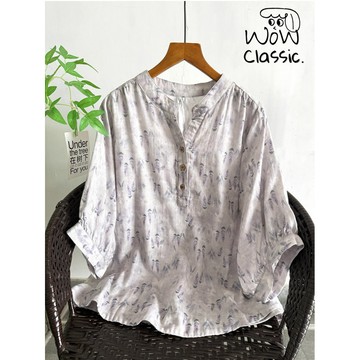 【Wow Classic.】 寬鬆日式素雅水彩感印花純棉五分袖襯衫