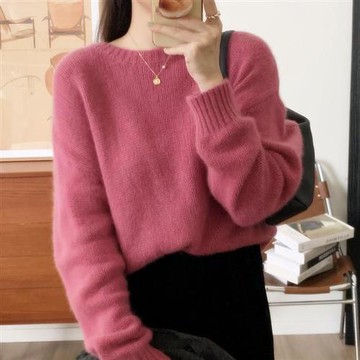 【米蘭精品】現貨+預購 100%羊毛衣針織衫發熱衣長袖保暖內搭加絨寬鬆大碼休閒-圓領落肩女上衣4色74nc52