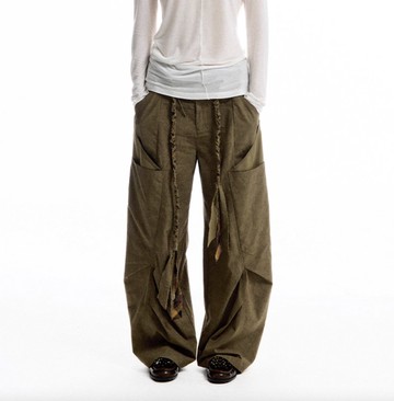 美式復古 信封口袋 闊腿彎刀褲