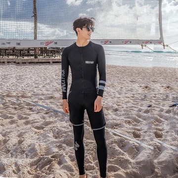 男士黑色分體三件套長袖長褲全身防曬泰國海邊沙灘泡溫泉游泳衣服