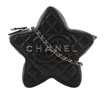 CHANEL 24C 金色標誌菱格紋小羊皮星星包(黑色) AS4579 B15493 94305