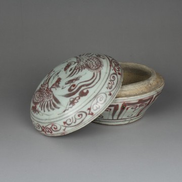 元釉里紅手繪雙鳳紋蓋盒印盒 古玩古董仿古老貨陶瓷器收藏品擺件