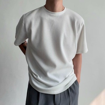 華夫格短袖t恤男夏季寬松上衣圓領體恤ins潮牌半袖五分袖
