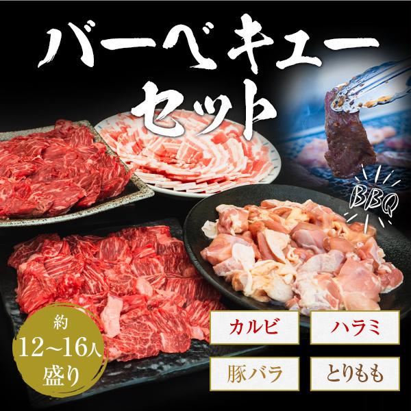 バーベキューセット 12-16人盛 BBQ 焼肉セット カルビ ハラミ 豚バラ とりもも 3.2kg 送料無料 食品 牛肉 メガ盛り 焼き肉 焼肉用 お肉 肉