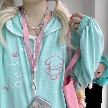 春夏日系軟妹可愛小貓學生連帽開衫防嗮寬松百搭冰絲薄款外套少女