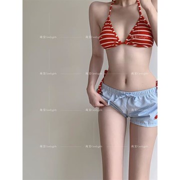 Candygirls紅色條紋泳衣女新款溫泉分體歐美性感純欲度假風比基尼