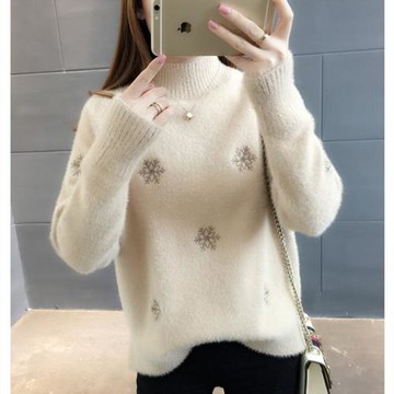 秋冬季仿水貂絨毛衣女韓版套頭刺繡不掉毛打底針織衫上衣半高領潮