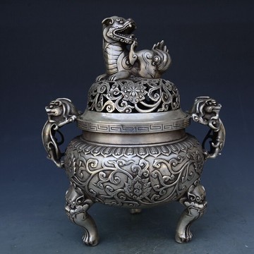 古玩十品銅爐古董新款白銅雜項乾隆款瑞獸三足雙耳熏香爐居家收藏