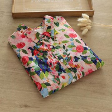 2023新款春秋新品玫瑰花長袖襯衫女休閑文藝小眾花襯衣上衣POLO領